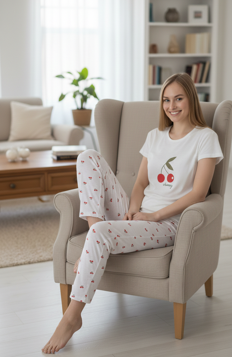 Beyaz Kiraz Desenli Kısa Kollu Pamuklu Pijama Takımı