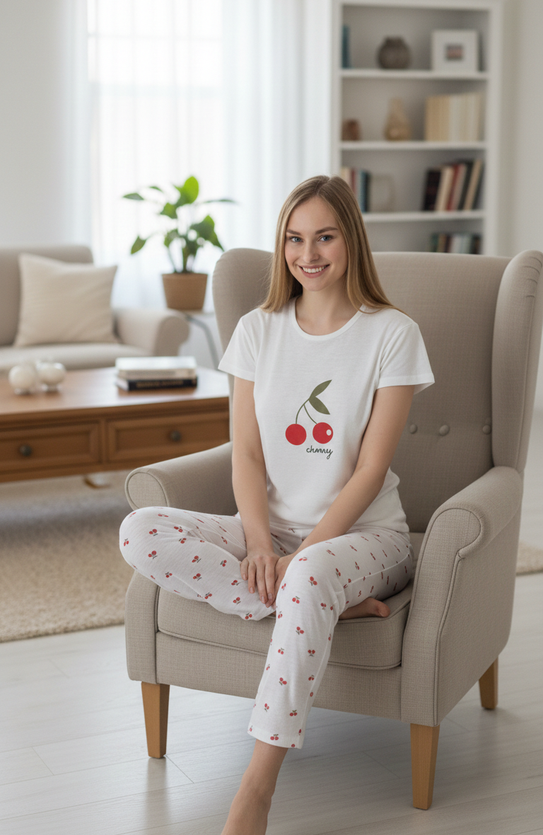 Beyaz Kiraz Desenli Kısa Kollu Pamuklu Pijama Takımı