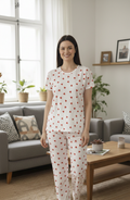 Beyaz Küçük Kalp Desenli Kısa Kollu Pamuklu Pijama Takımı