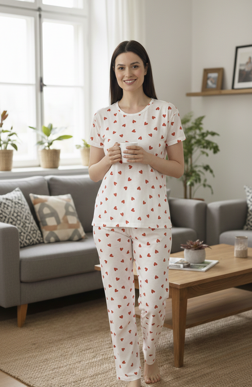 Beyaz Küçük Kalp Desenli Kısa Kollu Pamuklu Pijama Takımı