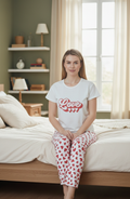 Beyaz Love Desenli Kısa Kollu Pamuklu Pijama Takımı
