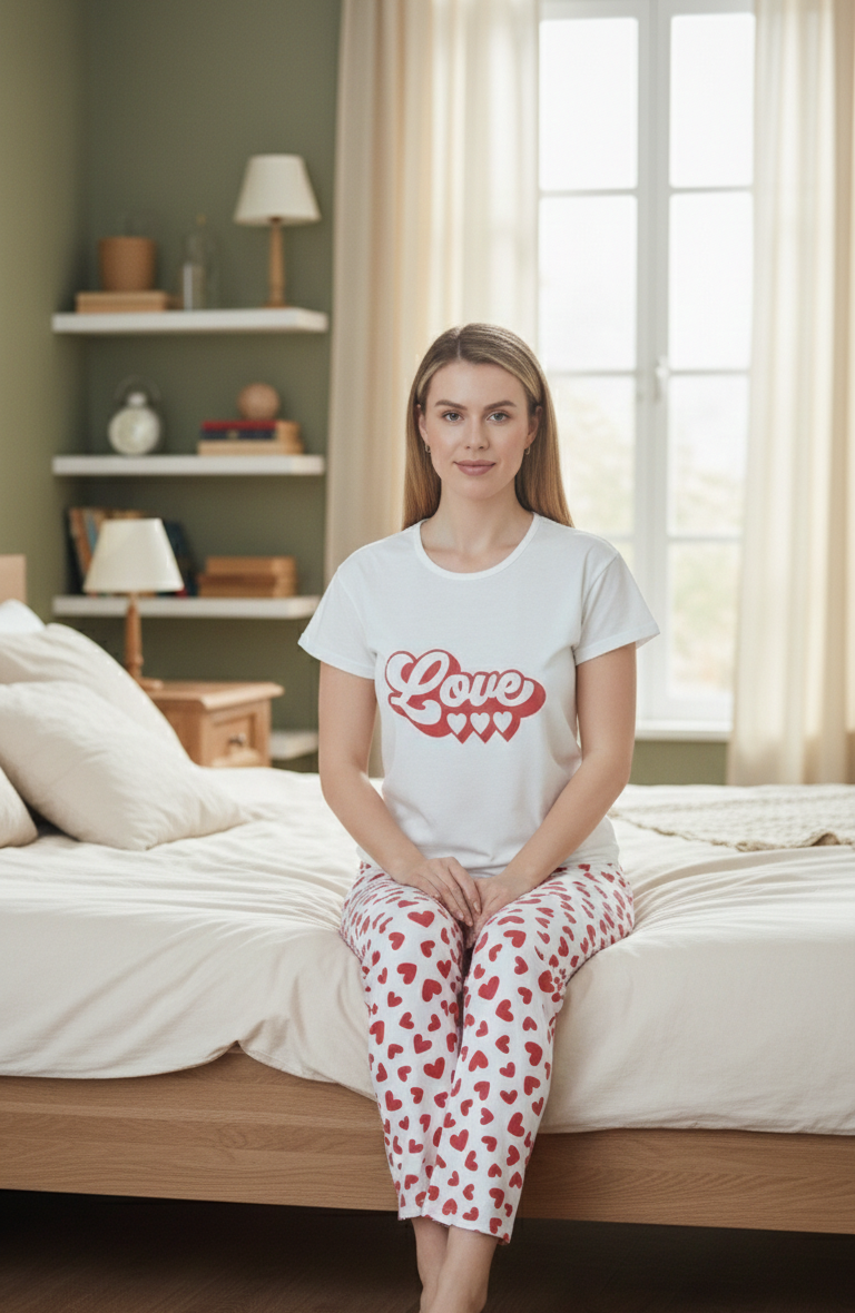 Beyaz Love Desenli Kısa Kollu Pamuklu Pijama Takımı