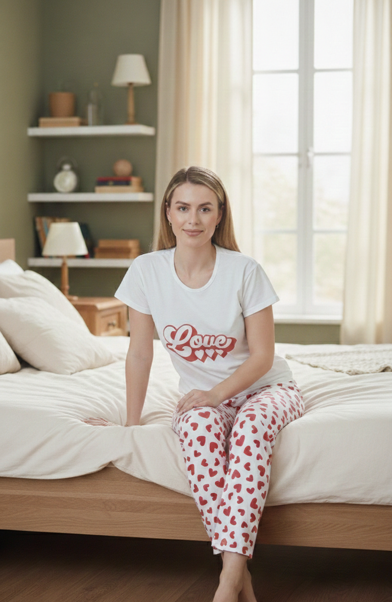 Beyaz Love Desenli Kısa Kollu Pamuklu Pijama Takımı