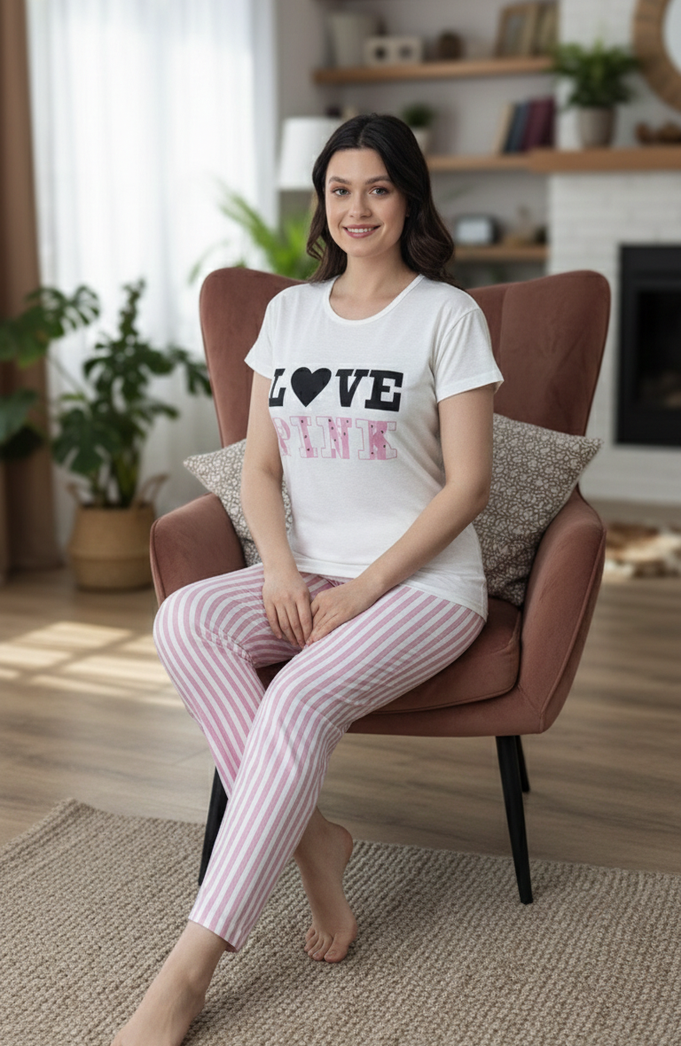 Beyaz Love Pink Baskılı Kısa Kollu Pamuklu Pijama Takımı