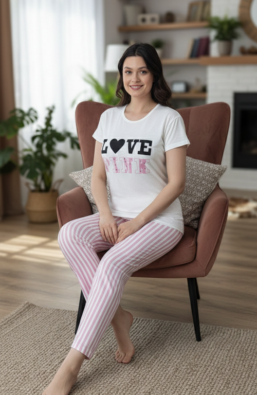 Beyaz Love Pink Baskılı Kısa Kollu Pamuklu Pijama Takımı