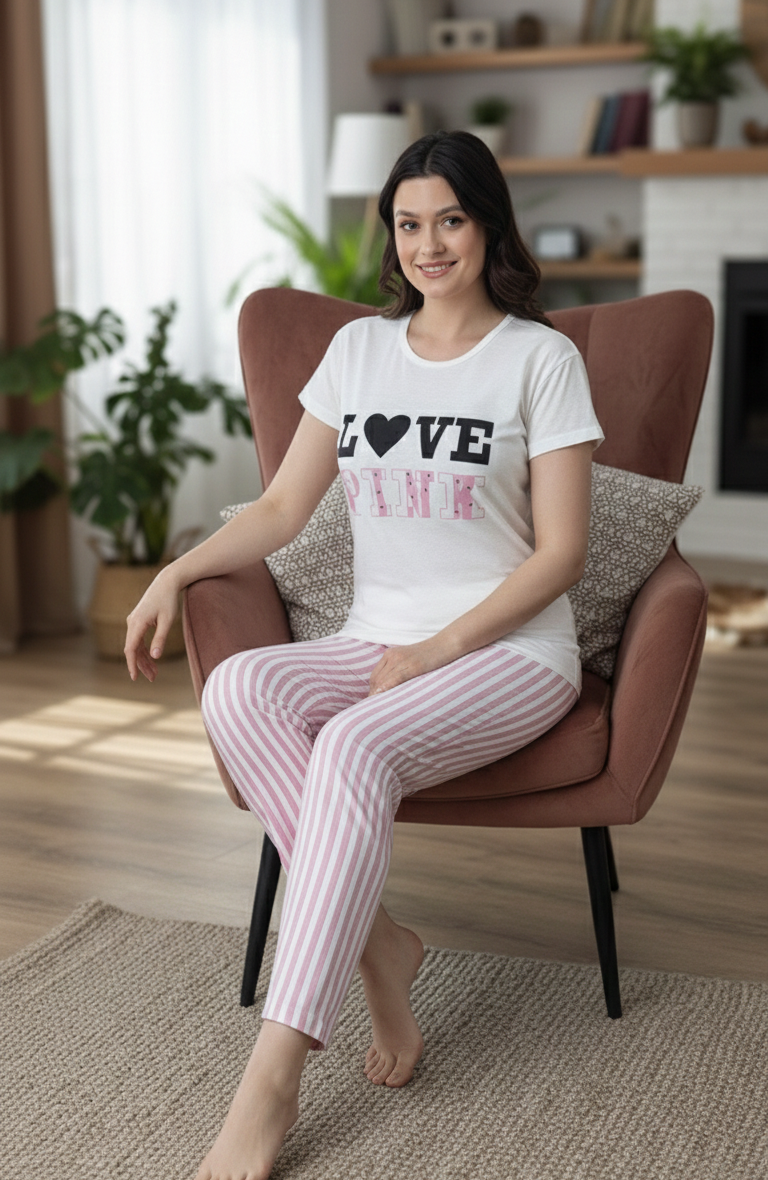 Beyaz Love Pink Baskılı Kısa Kollu Pamuklu Pijama Takımı
