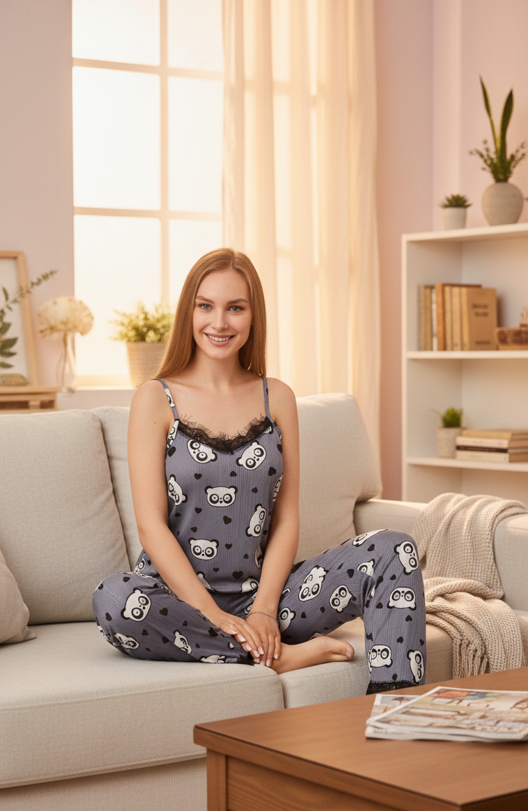 Gri Panda Desenli İp Askılı Pegasus Pijama Takımı