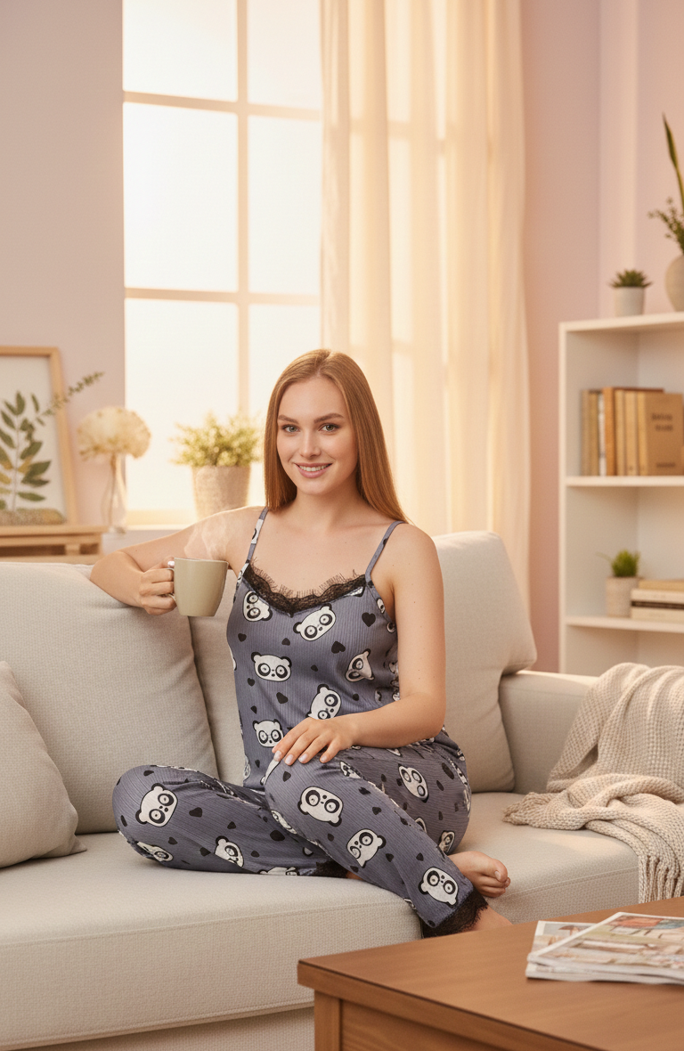 Gri Panda Desenli İp Askılı Pegasus Pijama Takımı