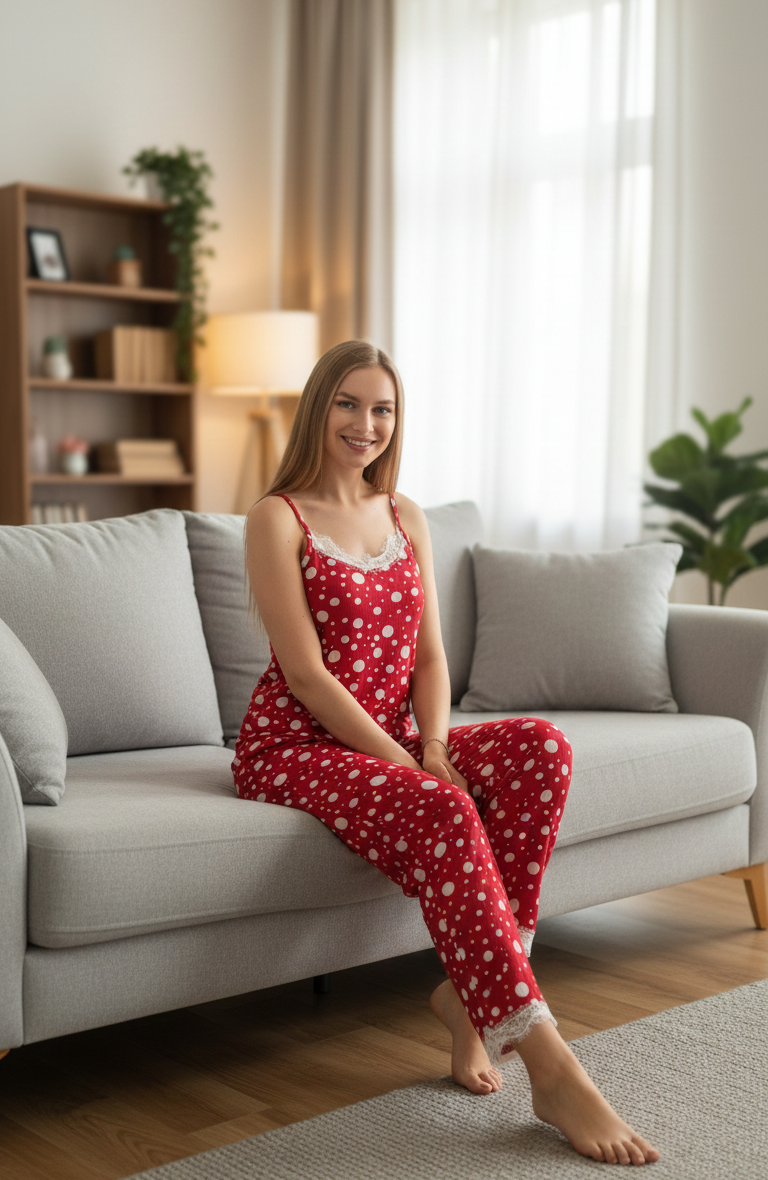 Kırmızı Puantiye Desenli İp Askılı Pegasus Pijama Takımı