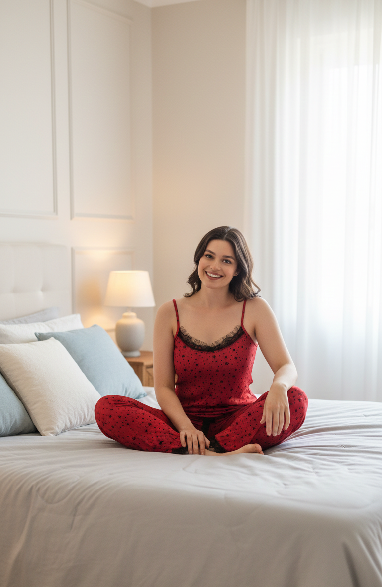 Kırmızı Yıldız Desenli İp Askılı Pegasus Pijama Takımı