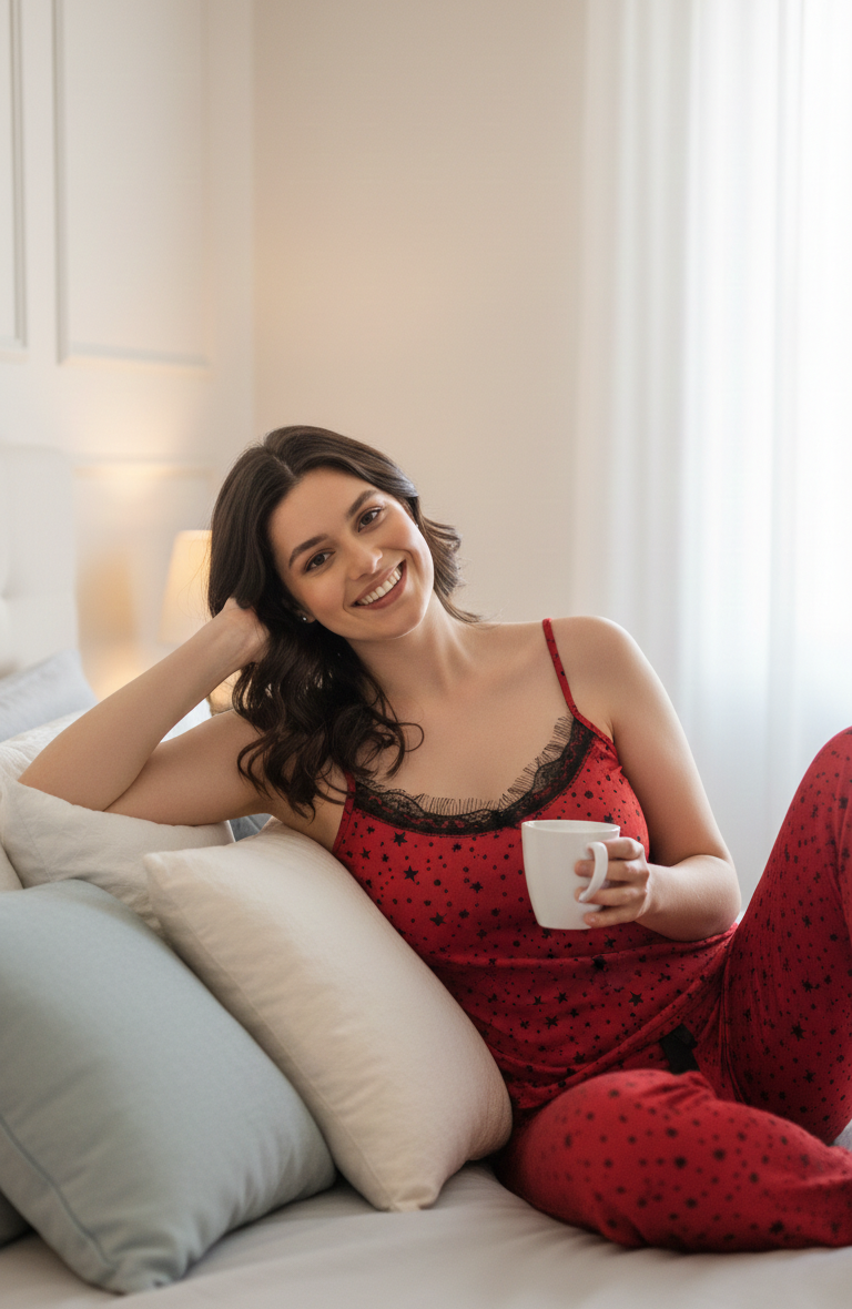 Kırmızı Yıldız Desenli İp Askılı Pegasus Pijama Takımı