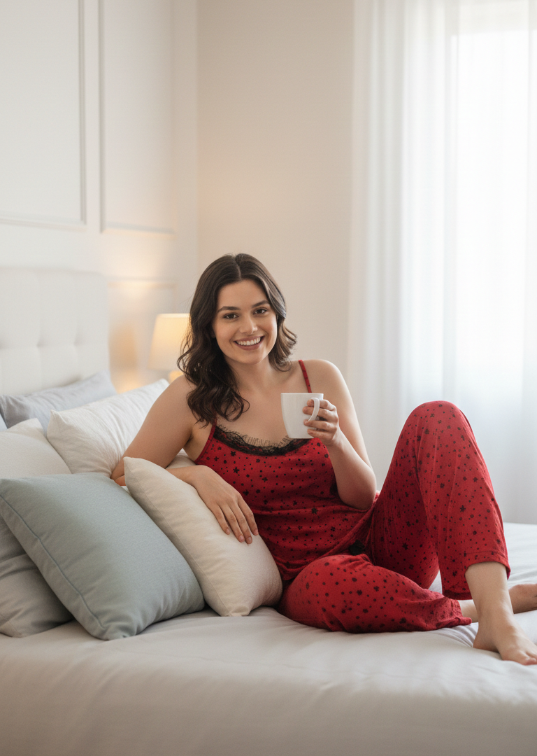 Kırmızı Yıldız Desenli İp Askılı Pegasus Pijama Takımı