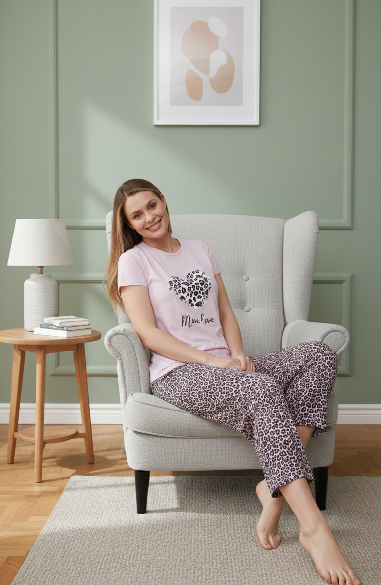 Pembe Kalp Desenli Kısa Kollu Pamuklu Pijama Takımı