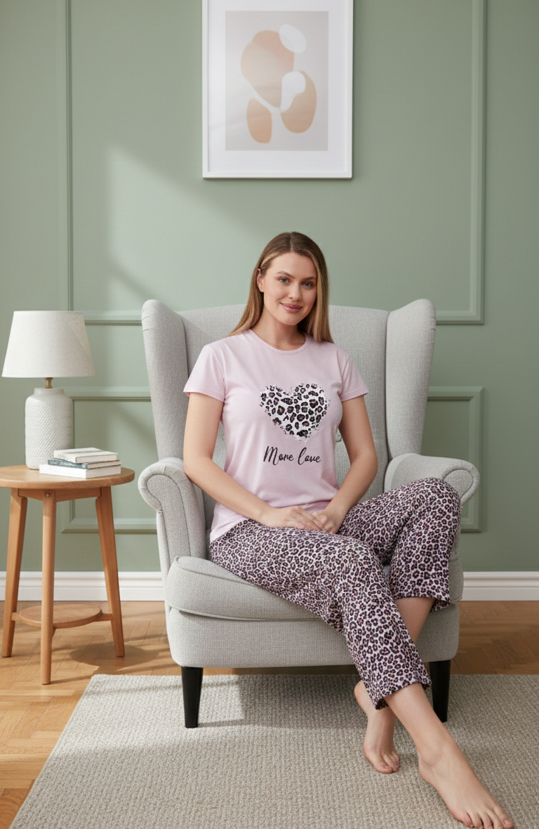 Pembe Kalp Desenli Kısa Kollu Pamuklu Pijama Takımı