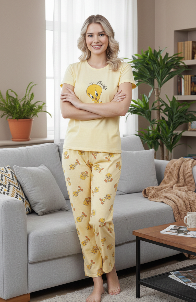 Sarı Civciv Desenli Kısa Kollu Pamuklu Pijama Takımı