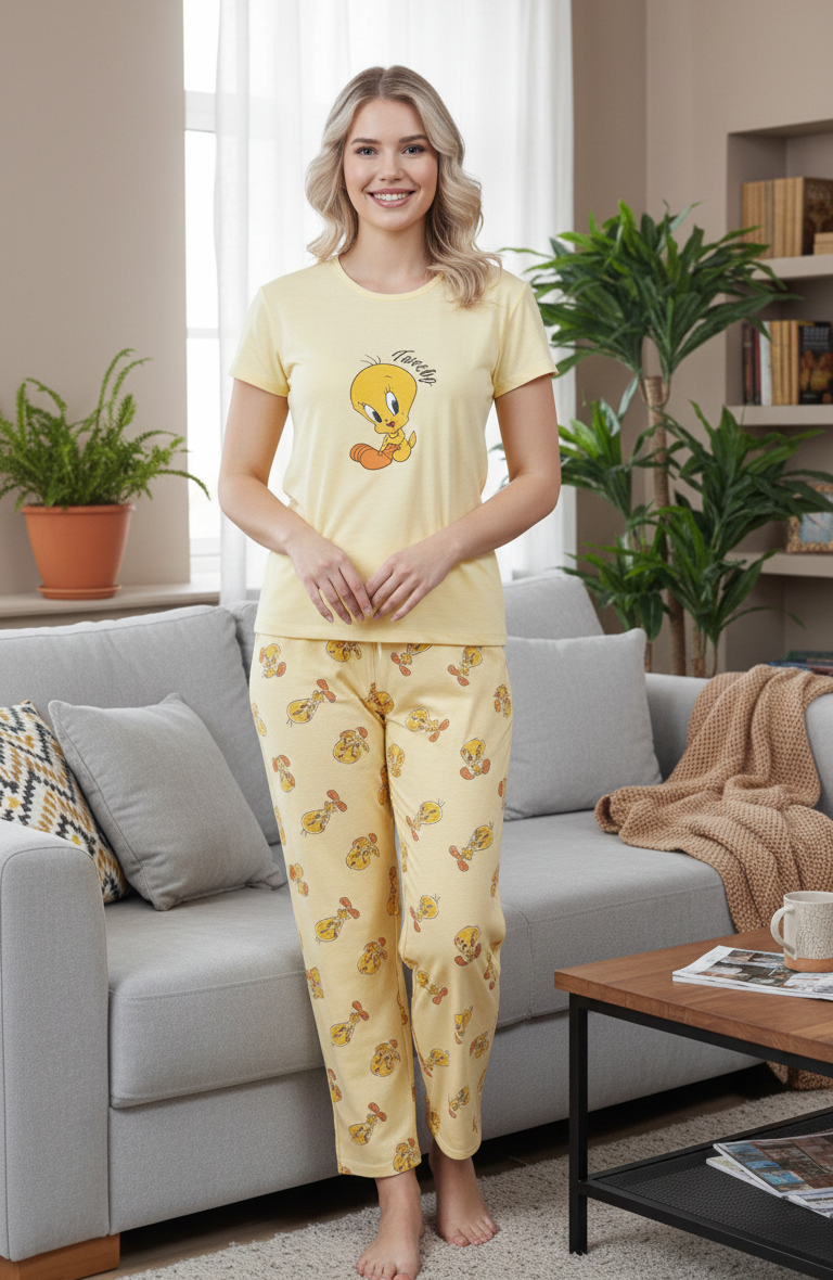 Sarı Civciv Desenli Kısa Kollu Pamuklu Pijama Takımı