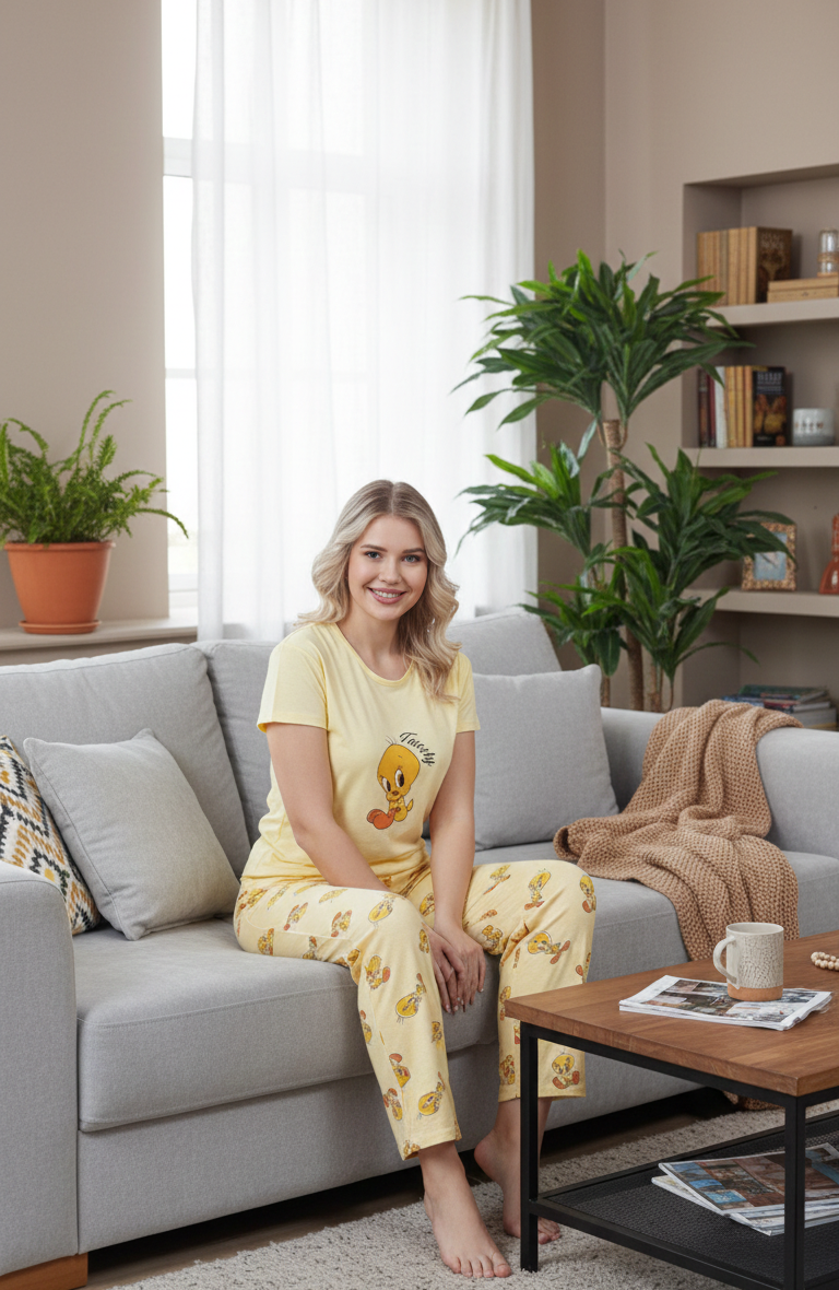 Sarı Civciv Desenli Kısa Kollu Pamuklu Pijama Takımı