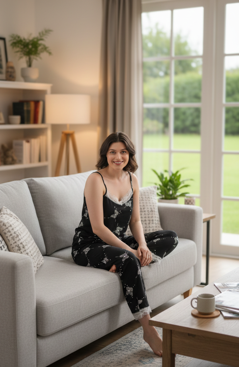 Siyah Kelebek Desenli İp Askılı Pegasus Pijama Takımı