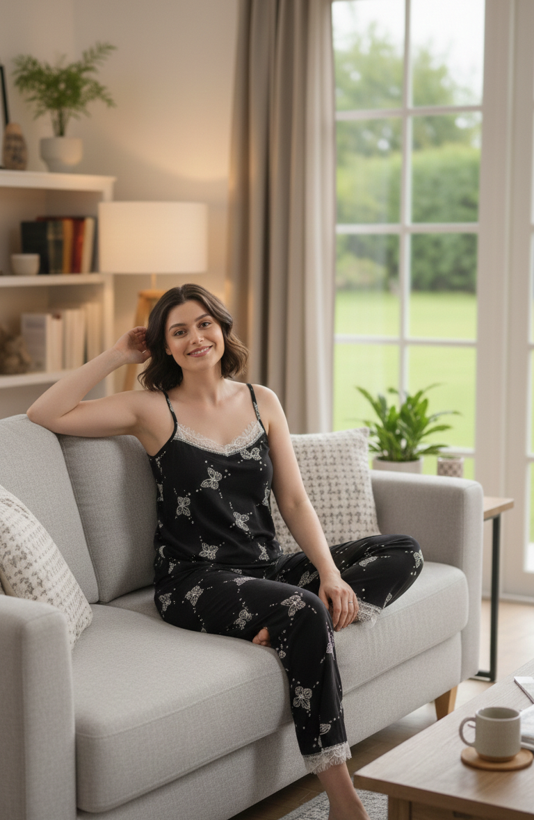 Siyah Kelebek Desenli İp Askılı Pegasus Pijama Takımı