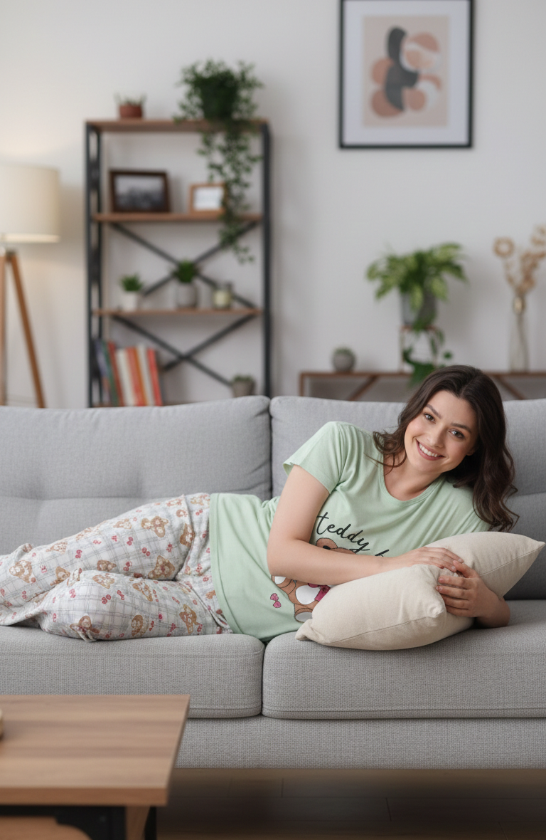 Yeşil Ayıcık Desenli Kısa Kollu Pamuklu Pijama Takımı