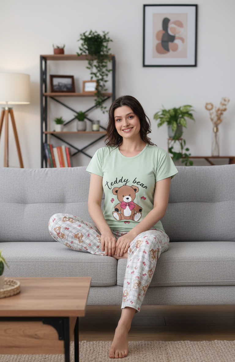 Yeşil Ayıcık Desenli Kısa Kollu Pamuklu Pijama Takımı