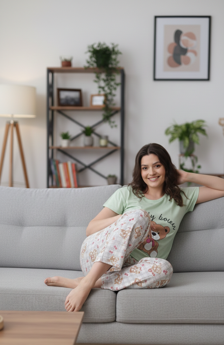 Yeşil Ayıcık Desenli Kısa Kollu Pamuklu Pijama Takımı