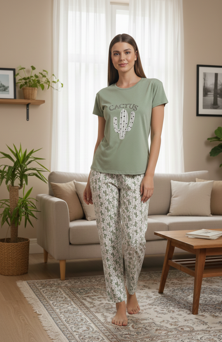 Yeşil Kaktüs Desenli Kısa Kollu Pamuklu Pijama Takımı